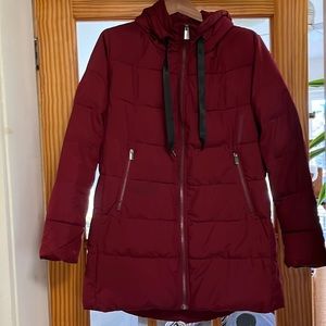Rainforest brand burgundy long puffer coat with hood. Size X-LARGE